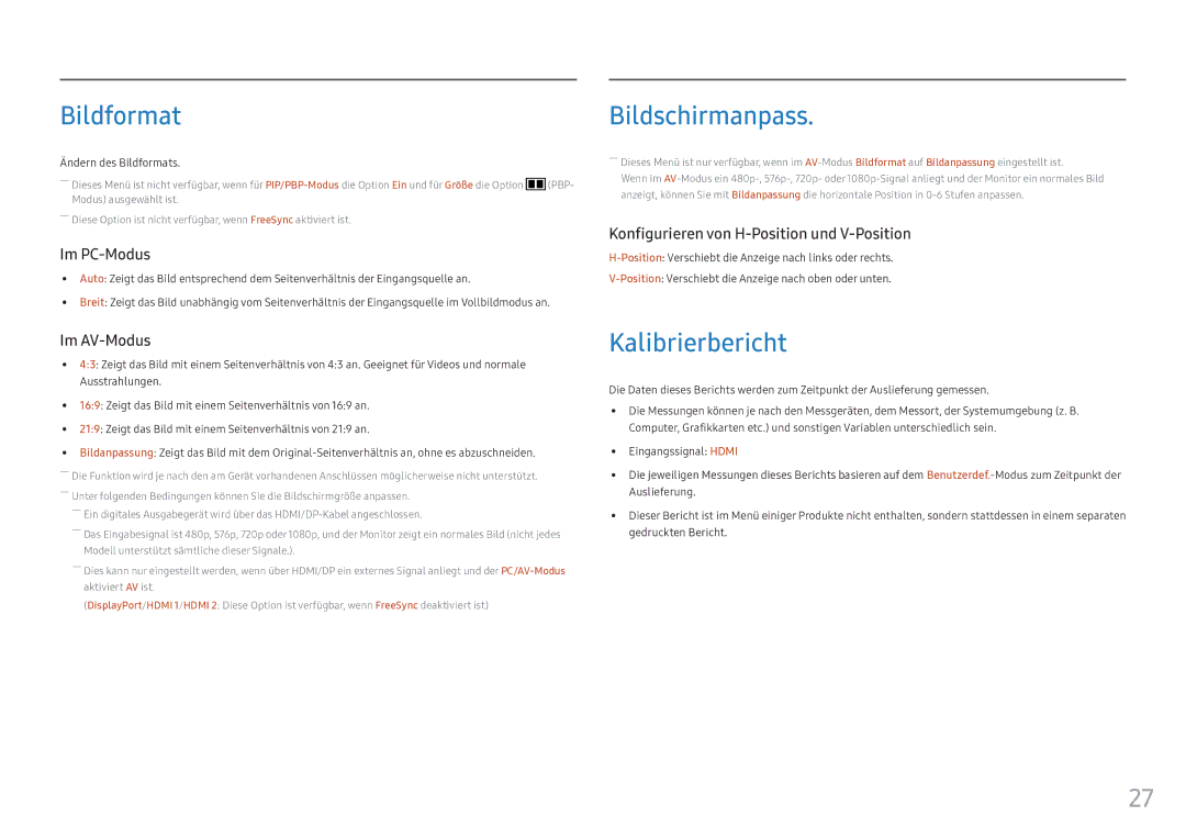 Samsung LC34F791WQUXEN manual Bildschirmanpass, Kalibrierbericht, Ändern des Bildformats 