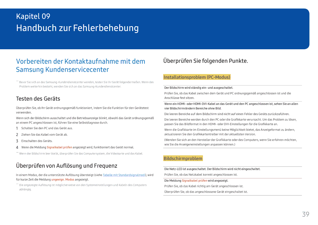 Samsung LC34F791WQUXEN manual Handbuch zur Fehlerbehebung, Testen des Geräts, Überprüfen von Auflösung und Frequenz 