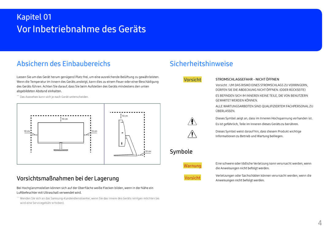 Samsung LC34F791WQUXEN manual Vor Inbetriebnahme des Geräts, Absichern des Einbaubereichs, Sicherheitshinweise, Symbole 