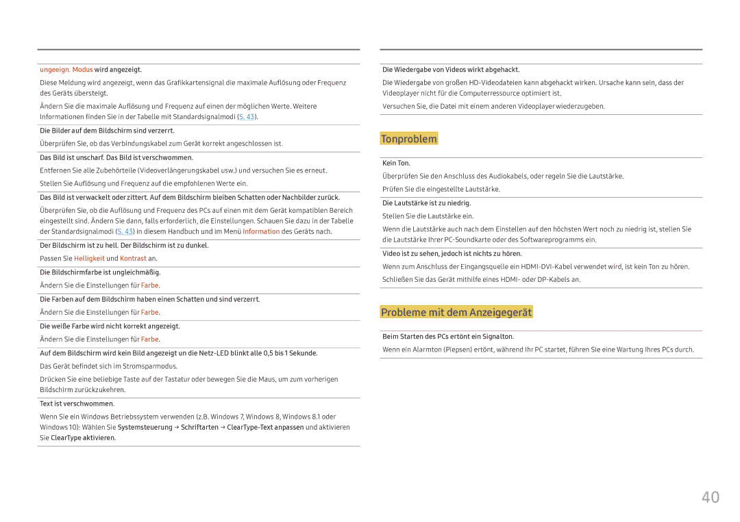 Samsung LC34F791WQUXEN manual Ungeeign. Modus wird angezeigt, Ändern Sie die Einstellungen für Farbe 