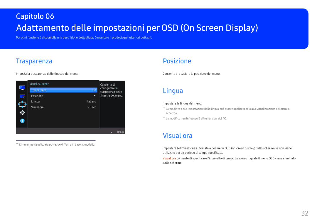 Samsung LC34F791WQUXEN manual Adattamento delle impostazioni per OSD On Screen Display, Trasparenza, Lingua, Visual ora 