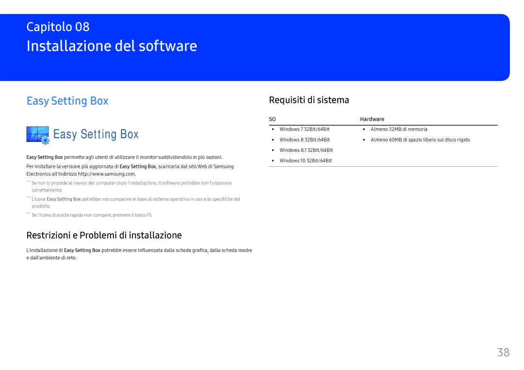 Samsung LC34F791WQUXEN manual Installazione del software, Easy Setting Box, Restrizioni e Problemi di installazione 