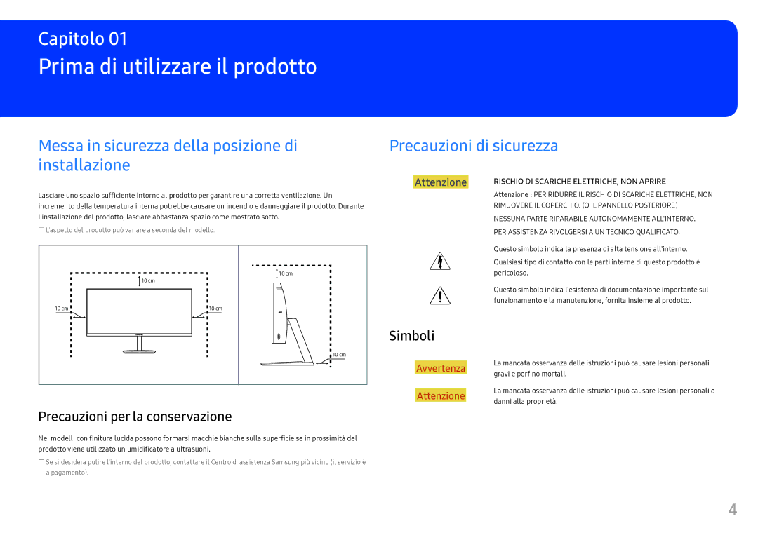 Samsung LC34F791WQUXEN manual Prima di utilizzare il prodotto, Precauzioni per la conservazione, Simboli 