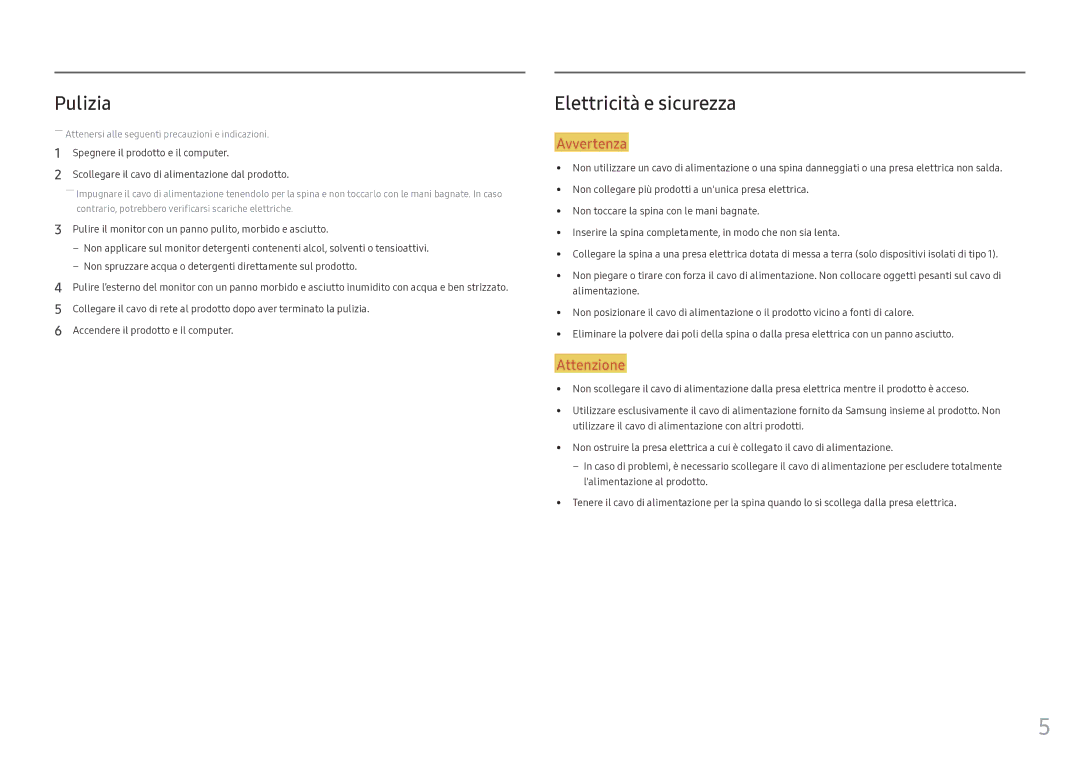 Samsung LC34F791WQUXEN manual Pulizia, Elettricità e sicurezza 