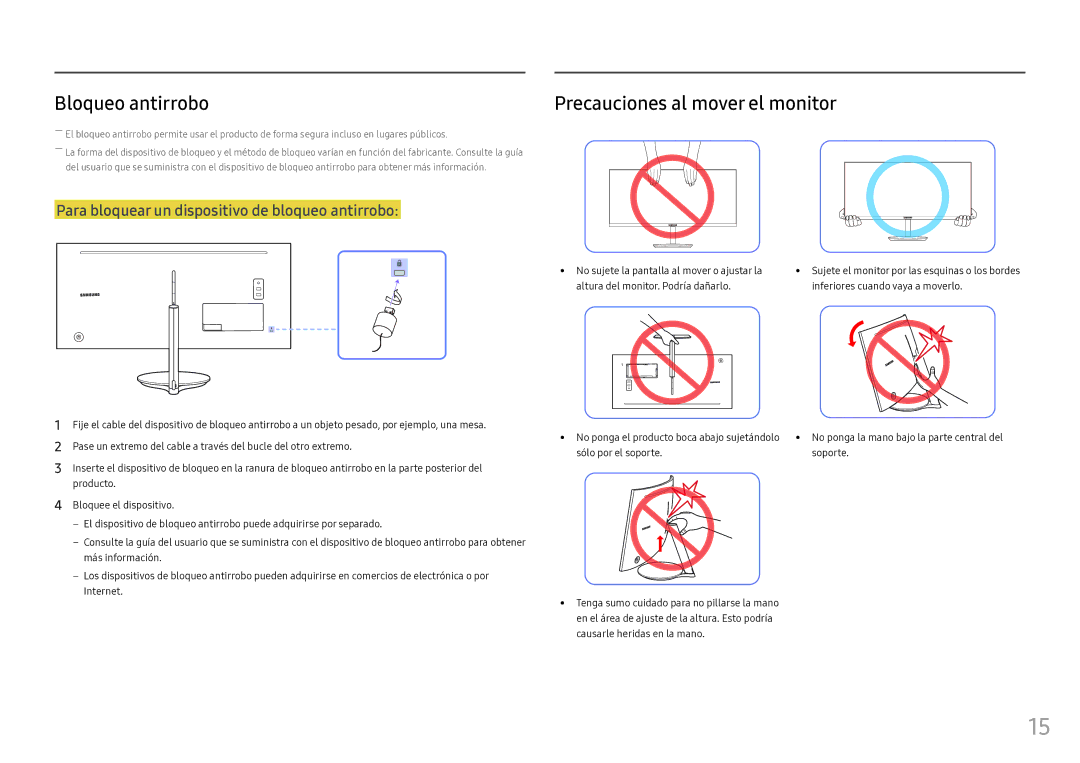 Samsung LC34F791WQUXEN Bloqueo antirrobo, Precauciones al mover el monitor, No sujete la pantalla al mover o ajustar la 