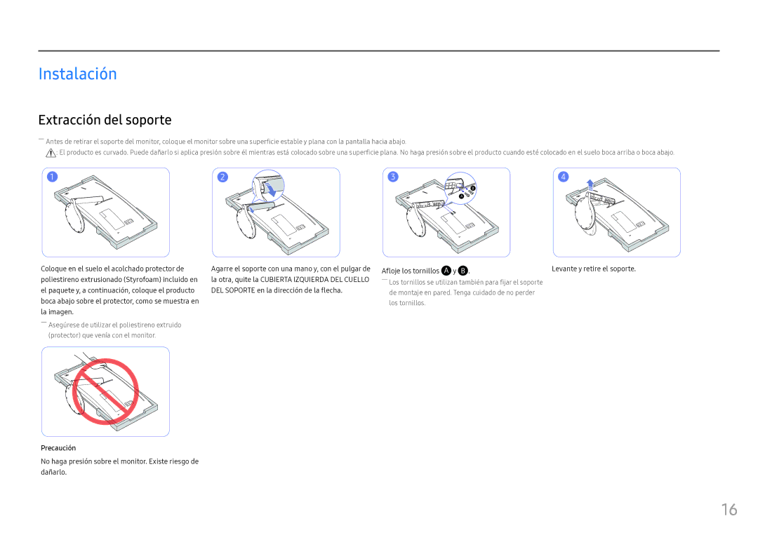 Samsung LC34F791WQUXEN manual Instalación, Extracción del soporte, Afloje los tornillos 