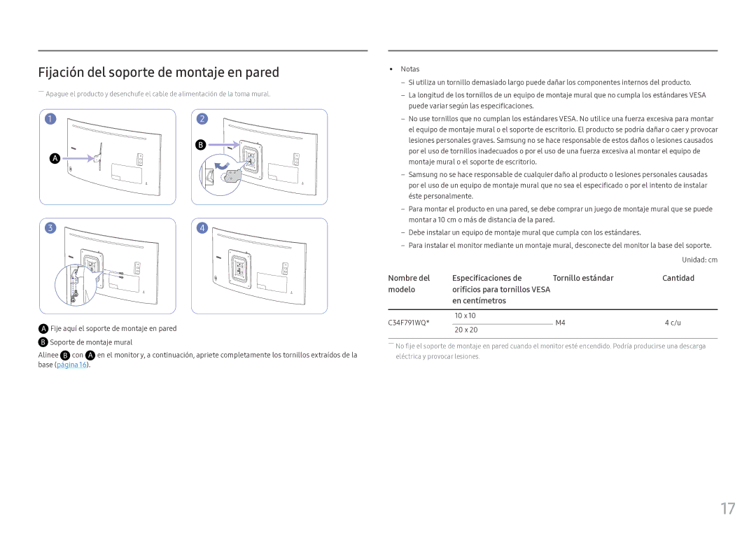 Samsung LC34F791WQUXEN manual Fijación del soporte de montaje en pared, Soporte de montaje mural Alinee B con a 