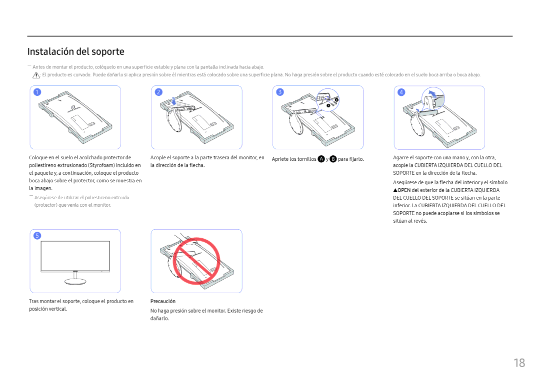 Samsung LC34F791WQUXEN Instalación del soporte, Tras montar el soporte, coloque el producto en, Posición vertical, Dañarlo 