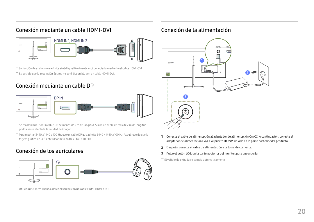 Samsung LC34F791WQUXEN Conexión mediante un cable HDMI-DVI, Conexión mediante un cable DP, Conexión de los auriculares 