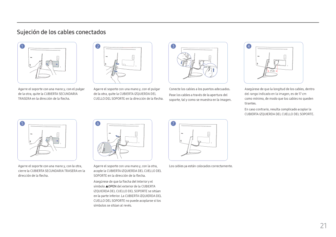 Samsung LC34F791WQUXEN manual Sujeción de los cables conectados, Agarre el soporte con una mano y, con el pulgar 