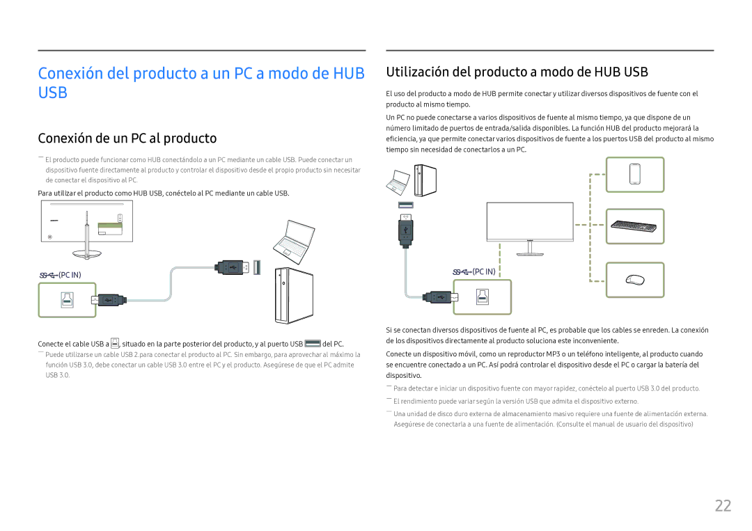 Samsung LC34F791WQUXEN manual Conexión del producto a un PC a modo de HUB USB, Conexión de un PC al producto 