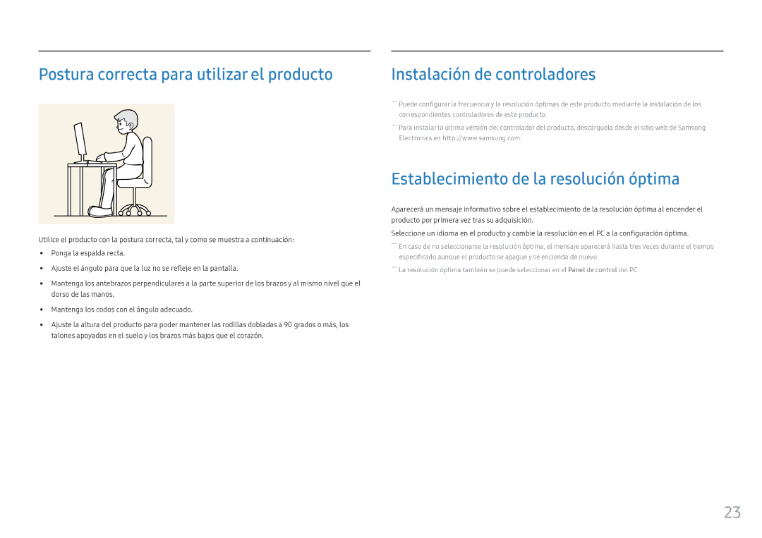 Samsung LC34F791WQUXEN manual Postura correcta para utilizar el producto, Instalación de controladores 