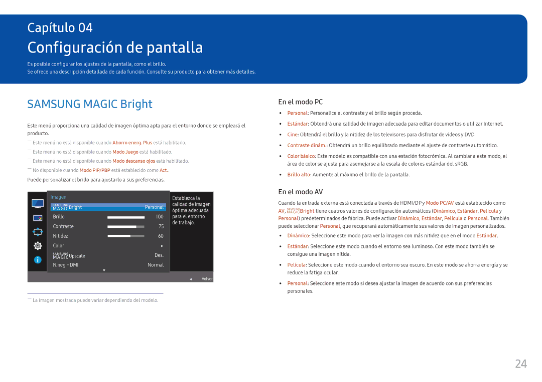 Samsung LC34F791WQUXEN manual Configuración de pantalla, Samsung Magic Bright 