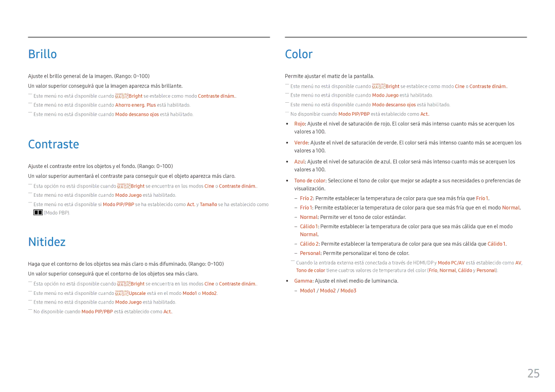 Samsung LC34F791WQUXEN manual Brillo, Contraste, Nitidez, Color, Permite ajustar el matiz de la pantalla 