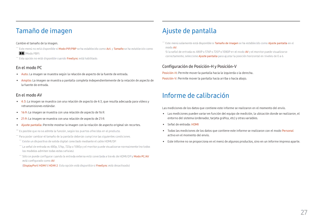 Samsung LC34F791WQUXEN manual Tamaño de imagen, Ajuste de pantalla, Informe de calibración, Cambie el tamaño de la imagen 