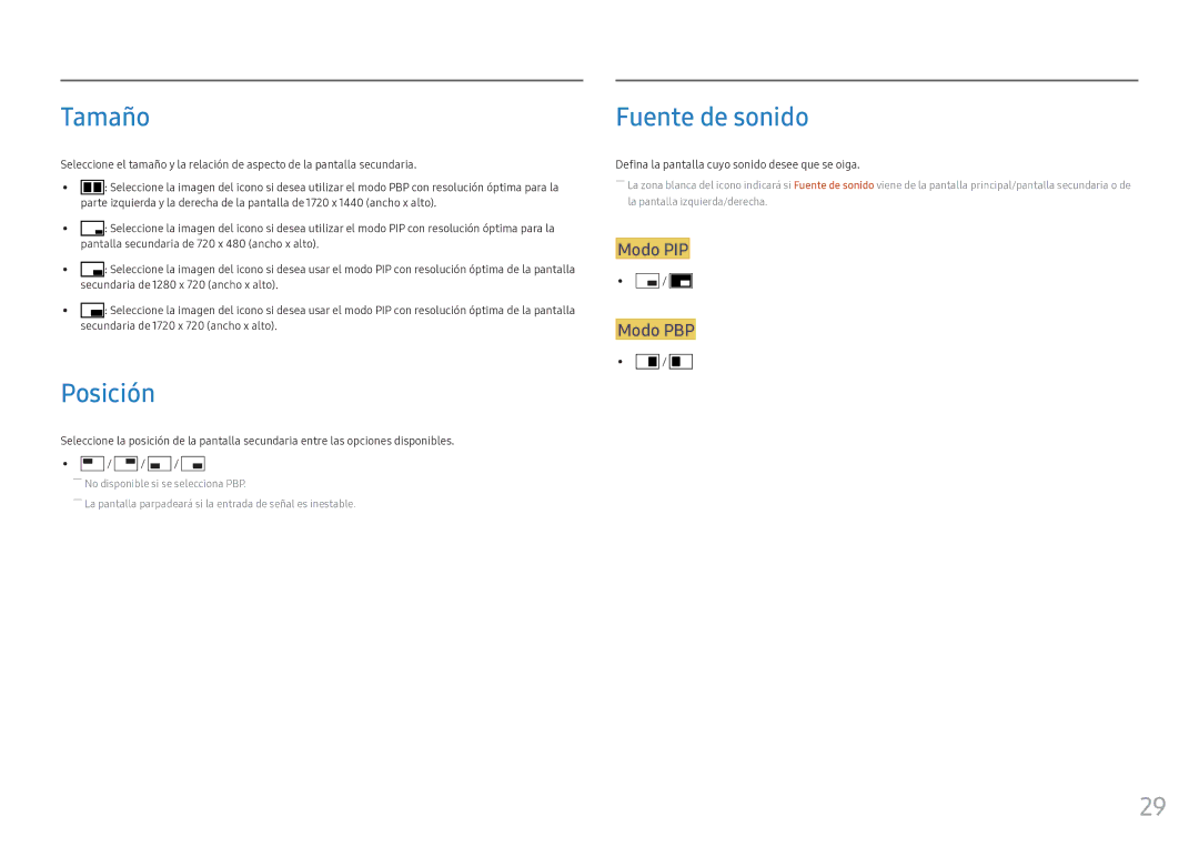 Samsung LC34F791WQUXEN manual Tamaño, Posición, Fuente de sonido 