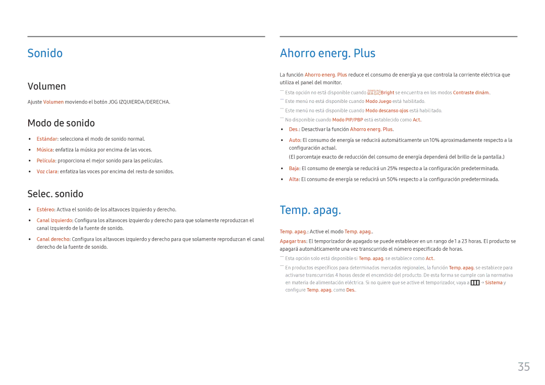 Samsung LC34F791WQUXEN manual Sonido, Ahorro energ. Plus, Temp. apag 