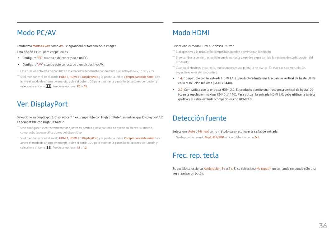 Samsung LC34F791WQUXEN manual Modo PC/AV, Ver. DisplayPort, Modo Hdmi, Detección fuente, Frec. rep. tecla 