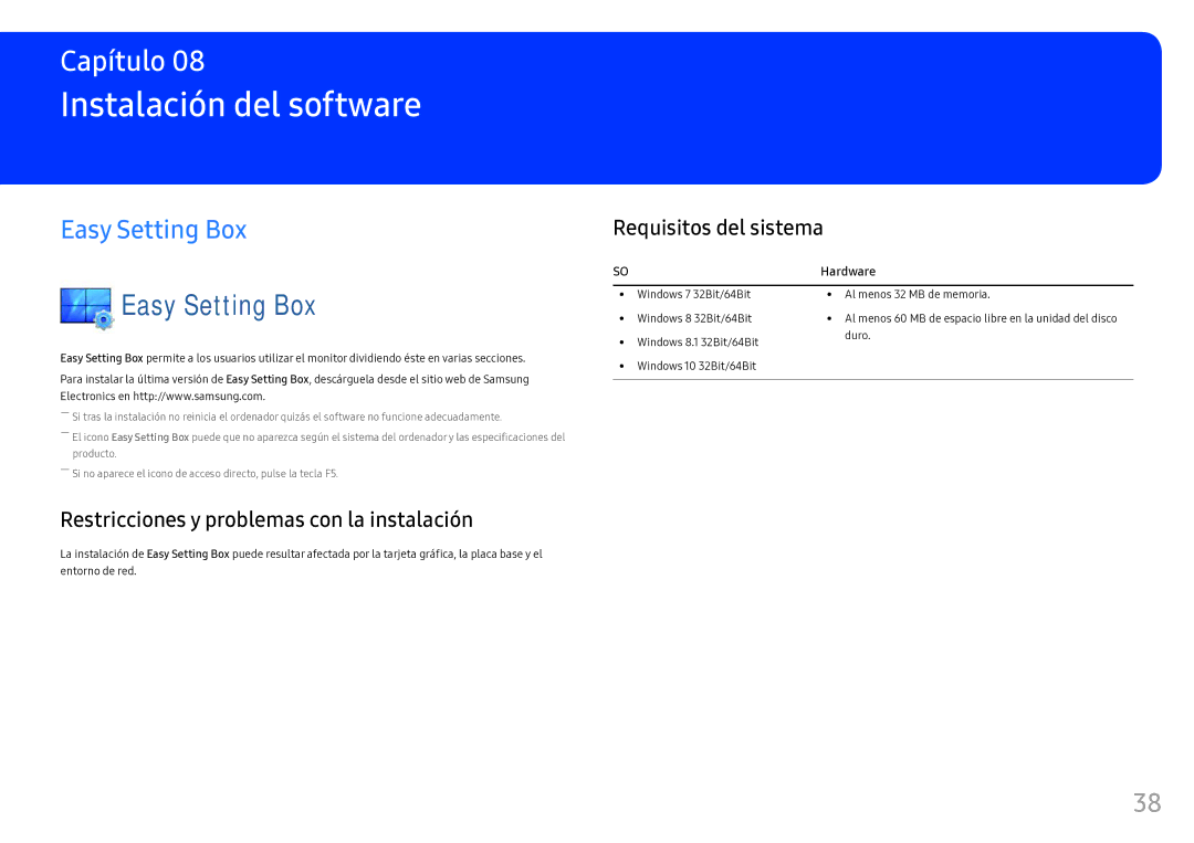 Samsung LC34F791WQUXEN manual Instalación del software, Easy Setting Box, Requisitos del sistema 