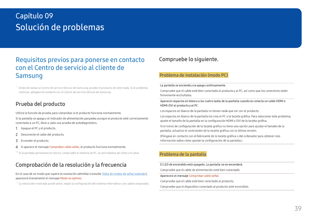 Samsung LC34F791WQUXEN manual Solución de problemas, Prueba del producto, Comprobación de la resolución y la frecuencia 