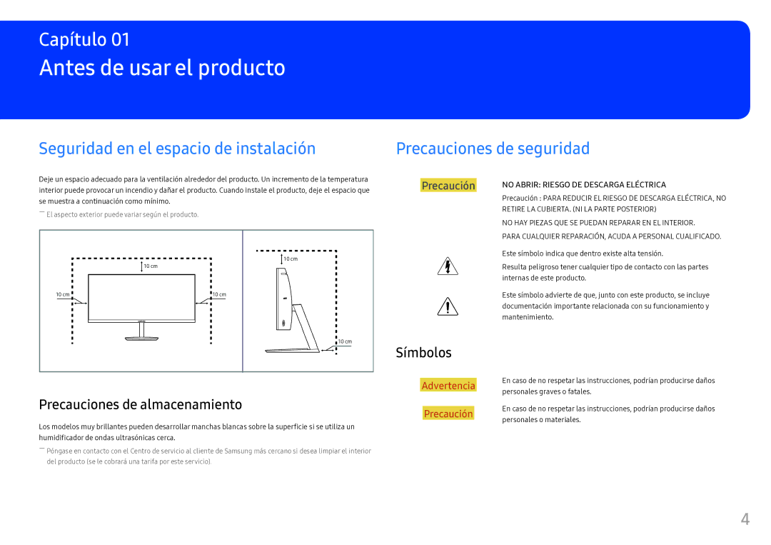 Samsung LC34F791WQUXEN manual Antes de usar el producto, Precauciones de almacenamiento, Símbolos 