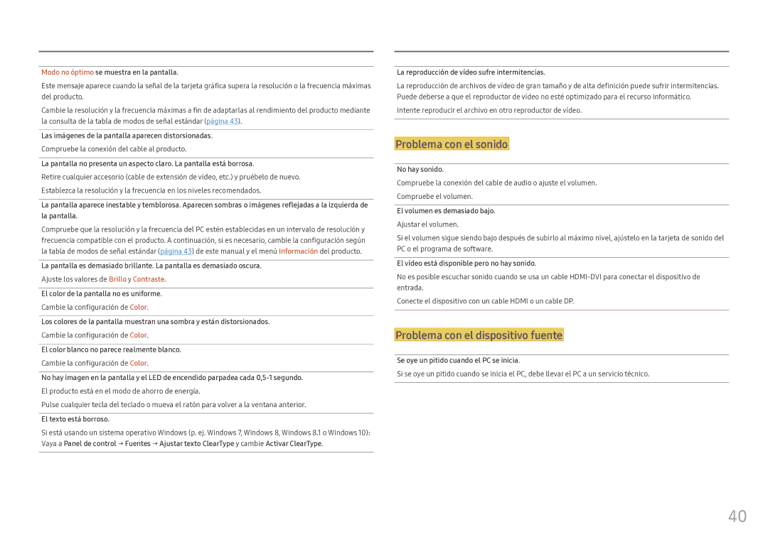 Samsung LC34F791WQUXEN manual Compruebe la conexión del cable al producto, Ajuste los valores de Brillo y Contraste 