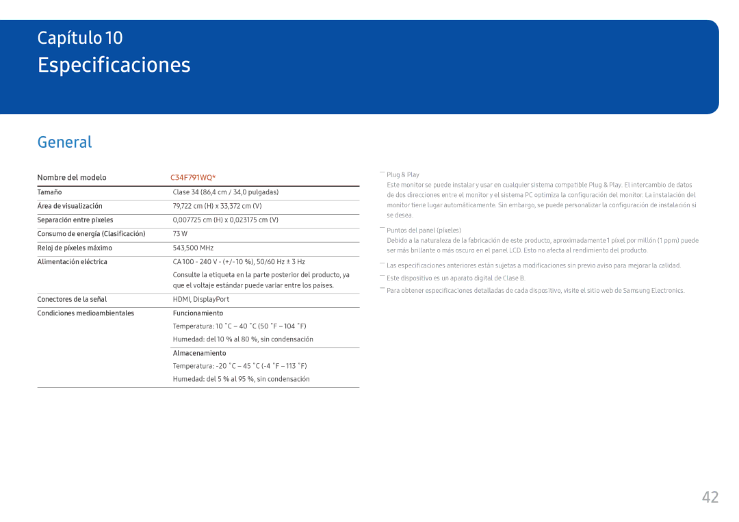 Samsung LC34F791WQUXEN manual Especificaciones, General 
