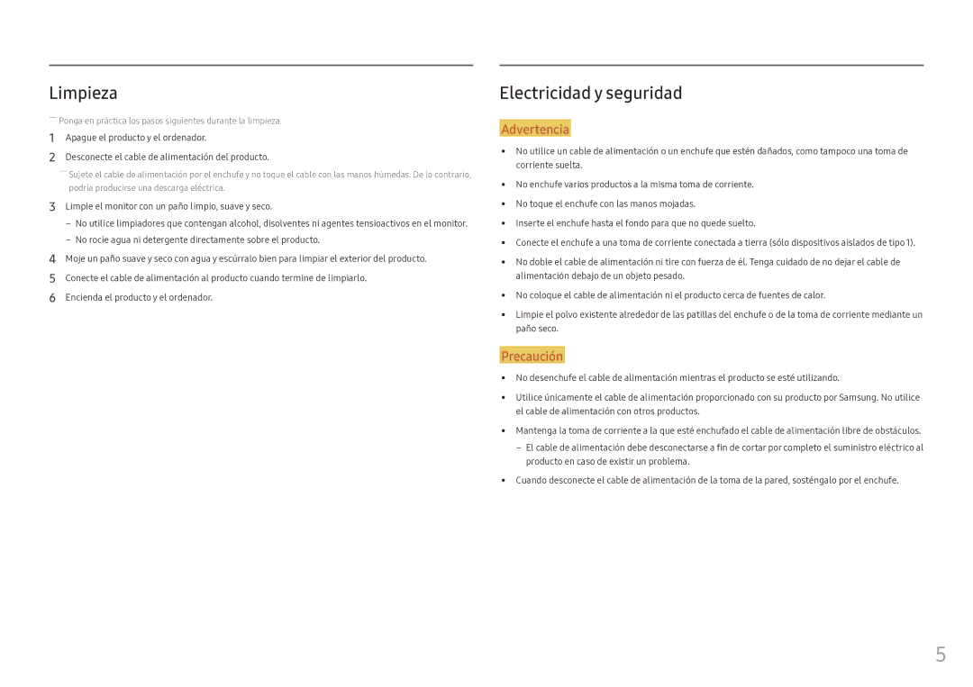 Samsung LC34F791WQUXEN manual Limpieza, Electricidad y seguridad 