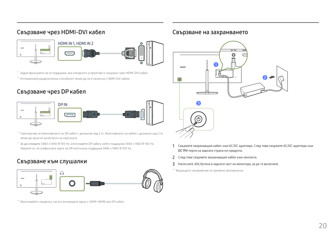 Samsung LC34F791WQUXEN manual Свързване чрез HDMI-DVI кабел, Свързване чрез DP кабел, Свързване към слушалки 