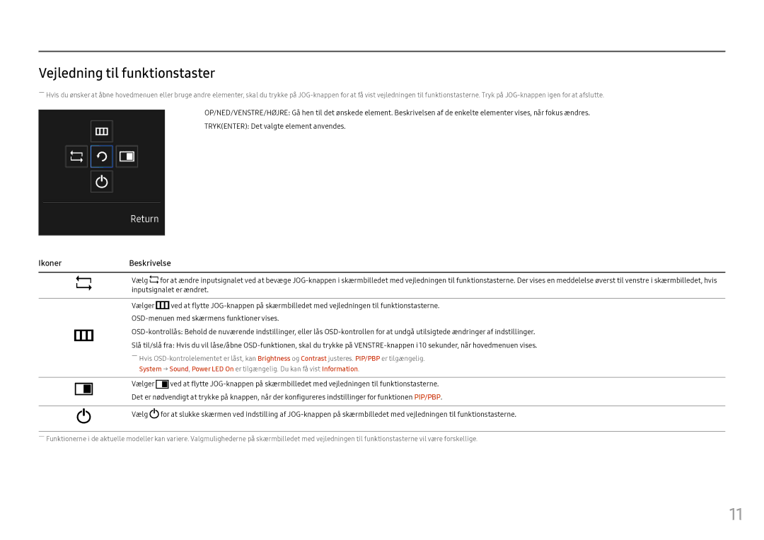 Samsung LC34F791WQUXEN manual Vejledning til funktionstaster, IkonerBeskrivelse 