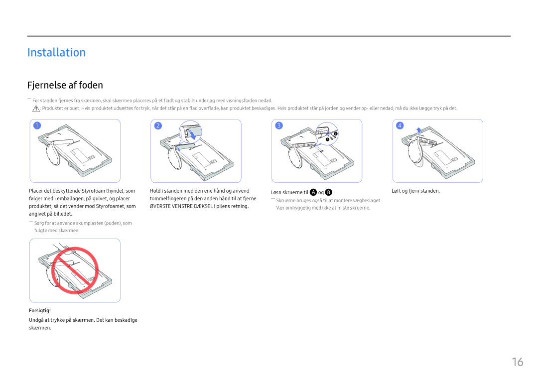 Samsung LC34F791WQUXEN manual Installation, Fjernelse af foden, Og B, Forsigtig 