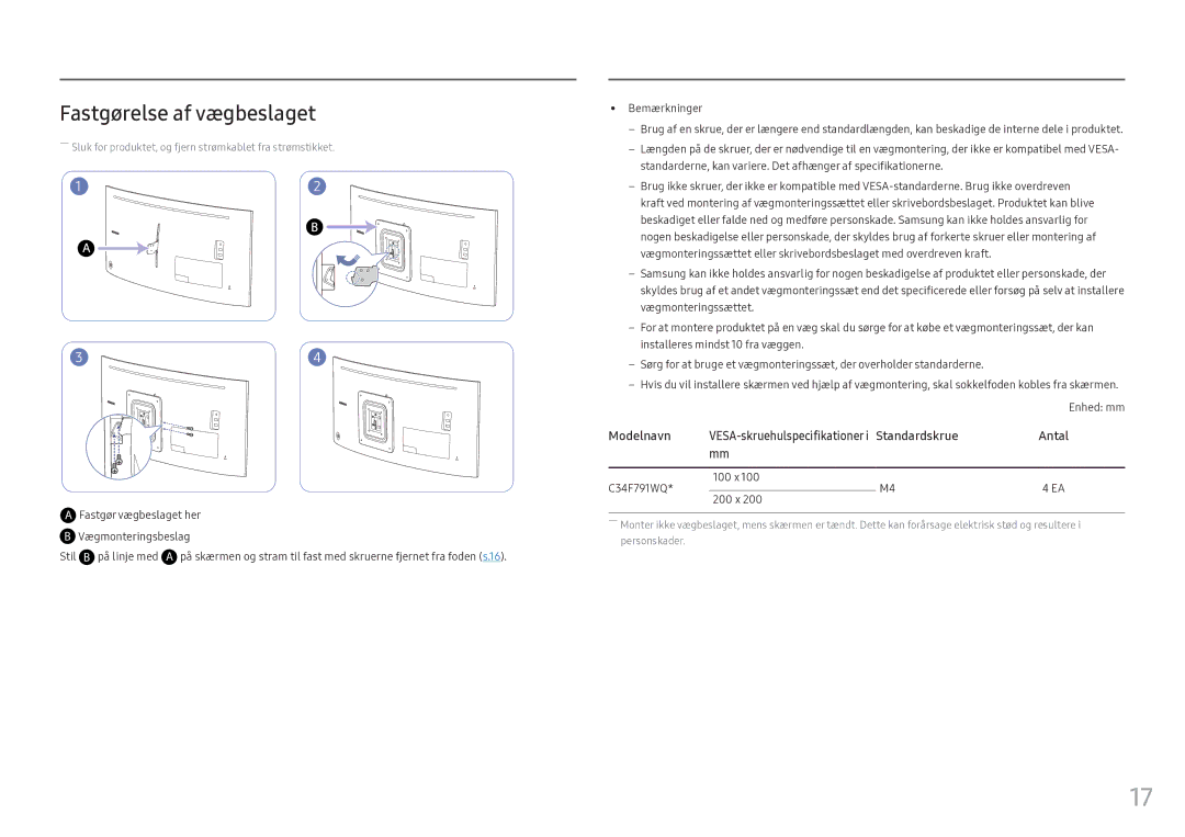 Samsung LC34F791WQUXEN manual Fastgørelse af vægbeslaget, Vægmonteringsbeslag Stil B på linje med, 100 x C34F791WQ 200 x 