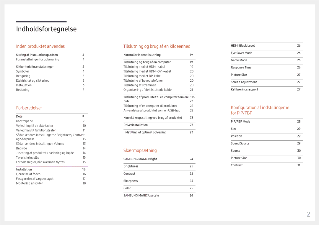 Samsung LC34F791WQUXEN manual Indholdsfortegnelse 