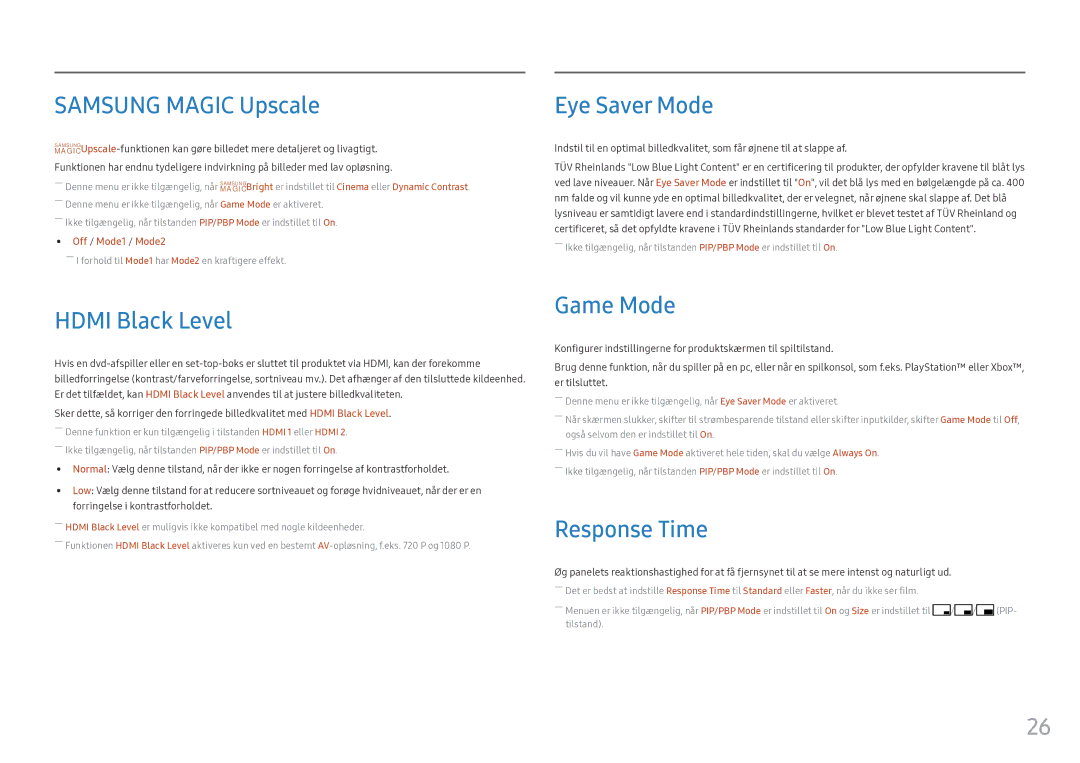 Samsung LC34F791WQUXEN manual Samsung Magic Upscale, Hdmi Black Level, Eye Saver Mode, Game Mode, Response Time 