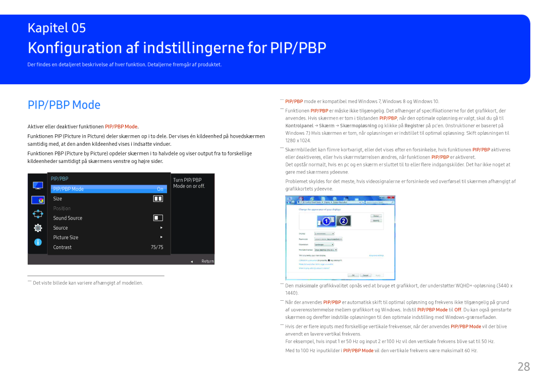 Samsung LC34F791WQUXEN manual Konfiguration af indstillingerne for PIP/PBP, PIP/PBP Mode 