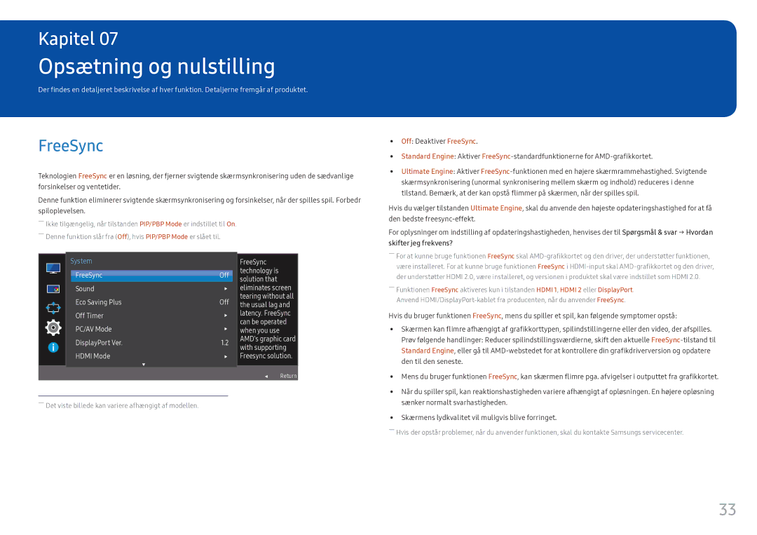 Samsung LC34F791WQUXEN manual Opsætning og nulstilling, FreeSync 