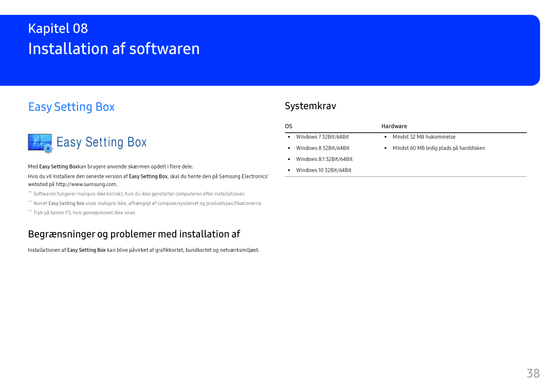 Samsung LC34F791WQUXEN manual Installation af softwaren, Easy Setting Box, Begrænsninger og problemer med installation af 