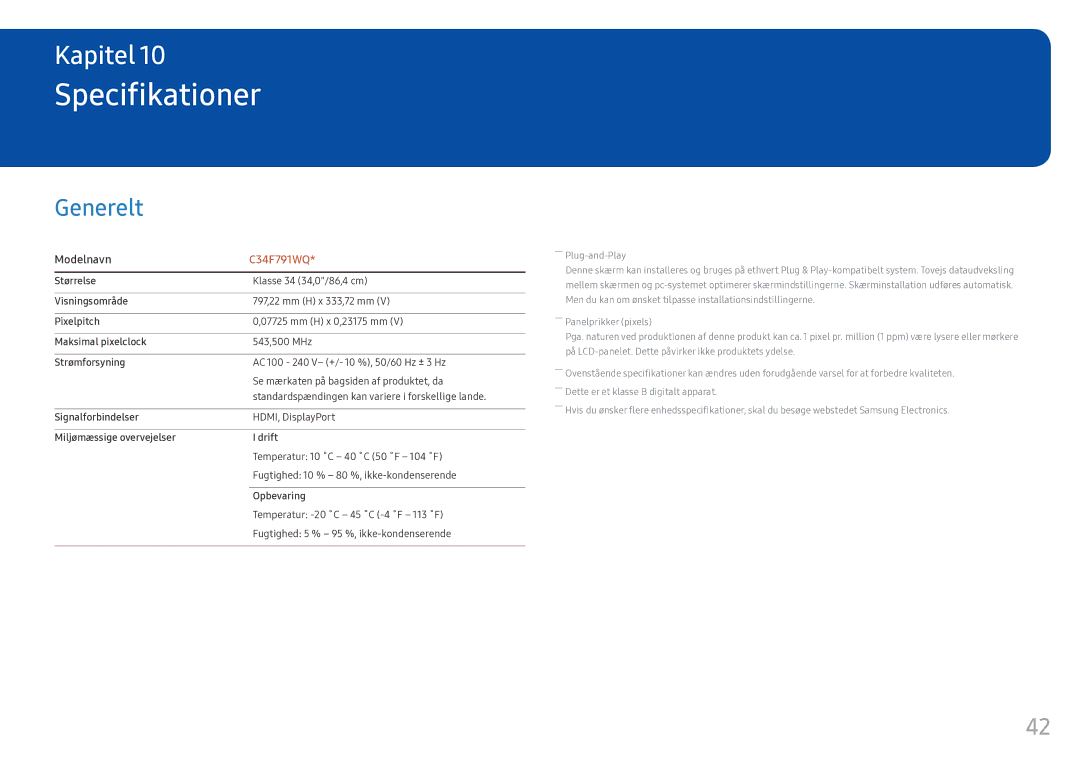 Samsung LC34F791WQUXEN manual Specifikationer, Generelt 