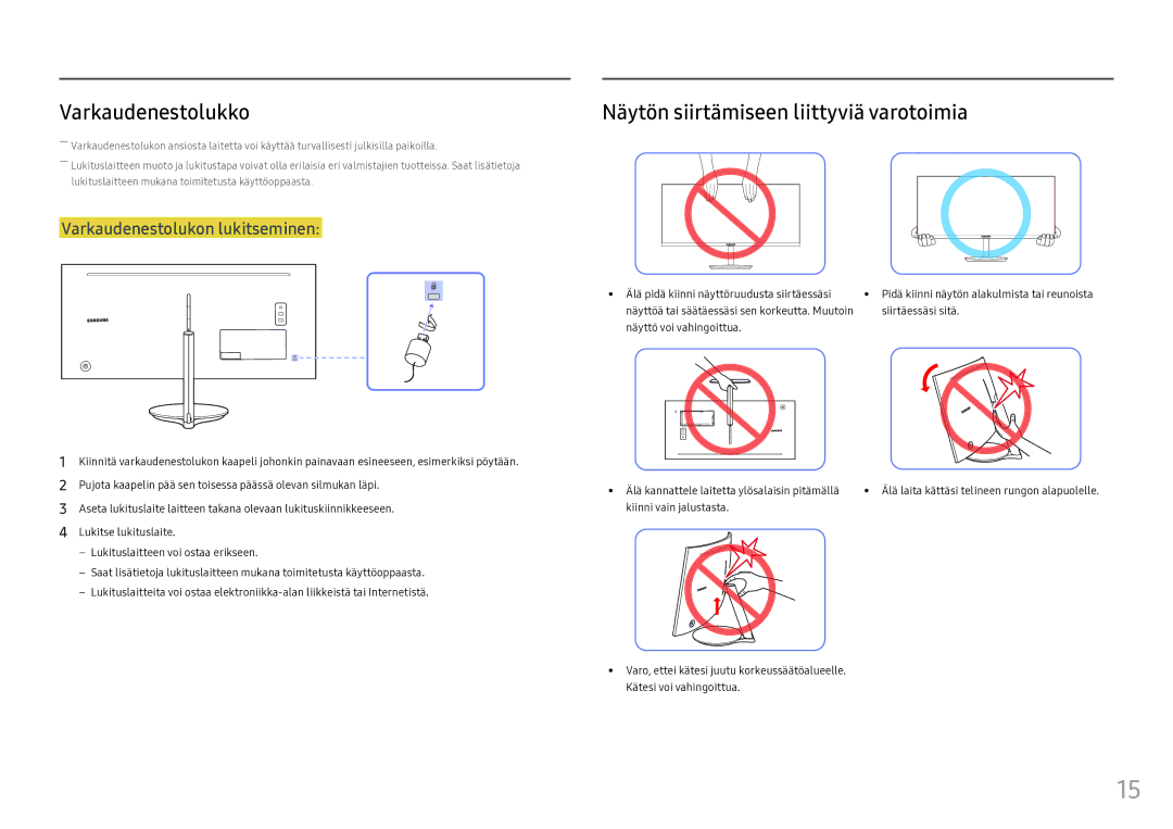 Samsung LC34F791WQUXEN manual Varkaudenestolukko, Näytön siirtämiseen liittyviä varotoimia 