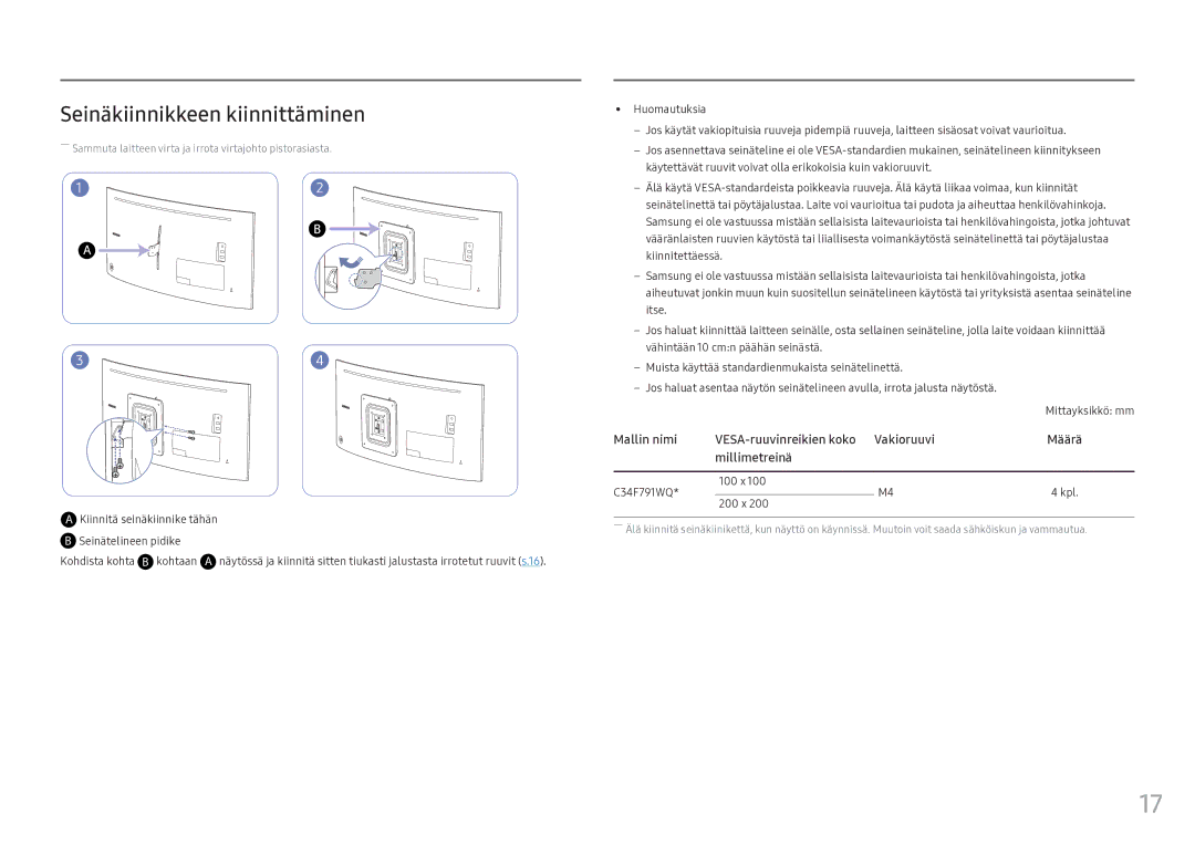 Samsung LC34F791WQUXEN manual Seinäkiinnikkeen kiinnittäminen, Kiinnitä seinäkiinnike tähän, 100 x C34F791WQ Kpl 200 x 