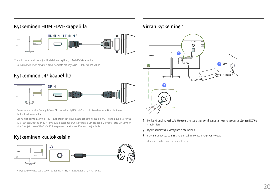 Samsung LC34F791WQUXEN manual Kytkeminen HDMI-DVI-kaapelilla, Kytkeminen DP-kaapelilla, Kytkeminen kuulokkeisiin 