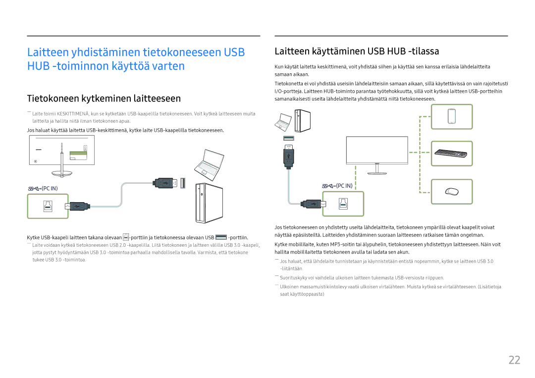 Samsung LC34F791WQUXEN manual Tietokoneen kytkeminen laitteeseen, Laitteen käyttäminen USB HUB -tilassa 