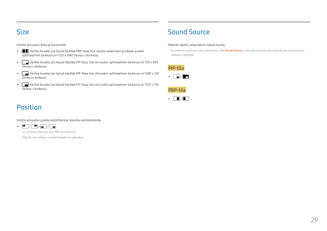 Samsung LC34F791WQUXEN manual Size, Position, Sound Source, Valitse aliruudun koko ja kuvasuhde 