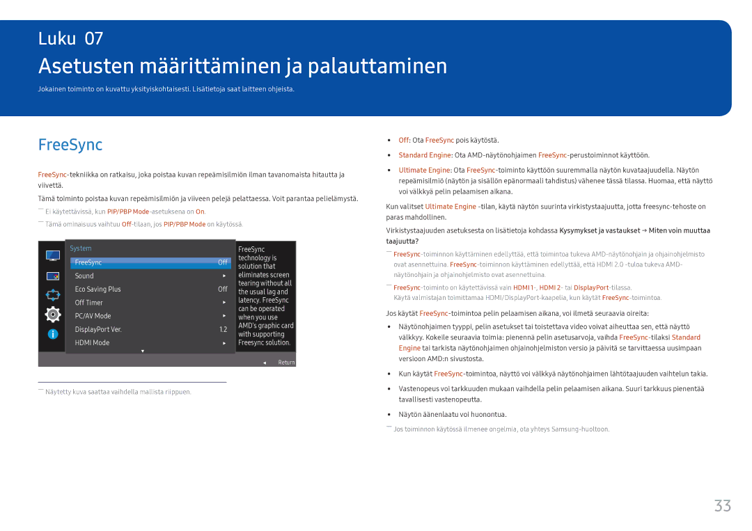 Samsung LC34F791WQUXEN manual Asetusten määrittäminen ja palauttaminen, FreeSync 