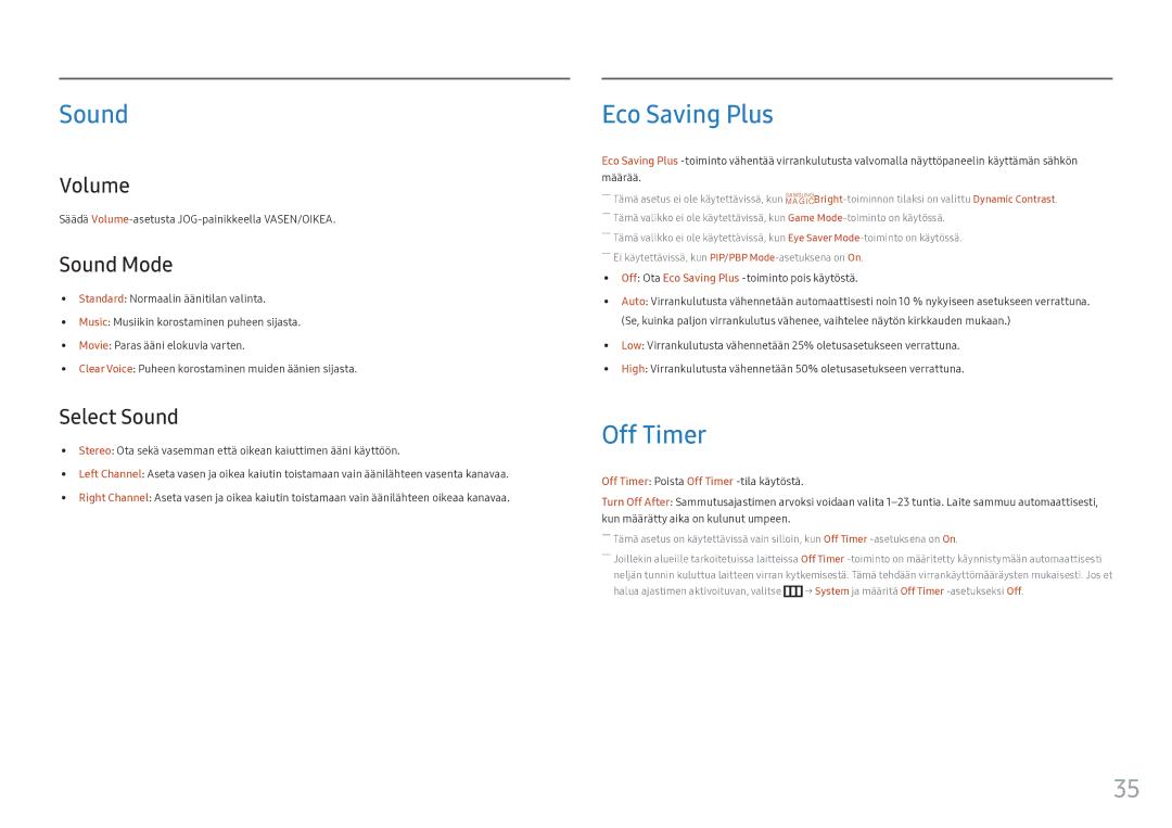 Samsung LC34F791WQUXEN manual Sound, Eco Saving Plus, Off Timer 