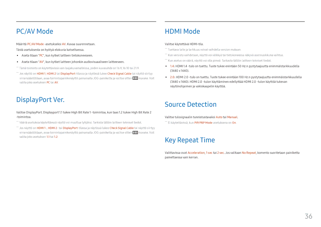 Samsung LC34F791WQUXEN manual PC/AV Mode, Hdmi Mode, DisplayPort Ver, Source Detection, Key Repeat Time 