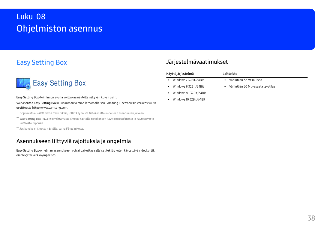 Samsung LC34F791WQUXEN manual Ohjelmiston asennus, Easy Setting Box, Asennukseen liittyviä rajoituksia ja ongelmia 