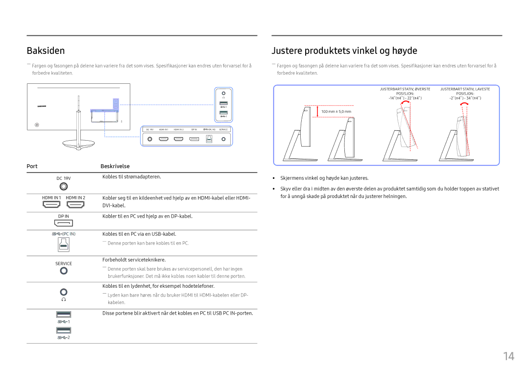 Samsung LC34F791WQUXEN manual Baksiden Justere produktets vinkel og høyde, Forbeholdt serviceteknikere 