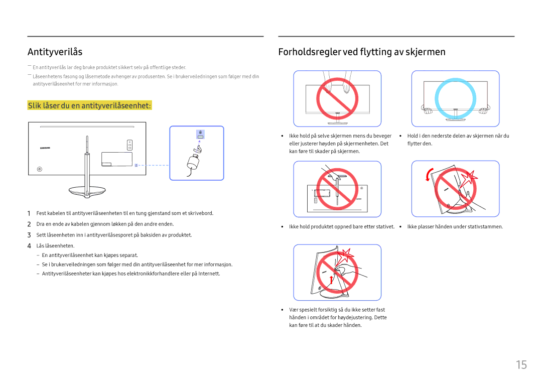 Samsung LC34F791WQUXEN manual Antityverilås, Forholdsregler ved flytting av skjermen 