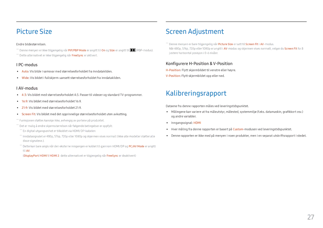 Samsung LC34F791WQUXEN manual Picture Size, Screen Adjustment, Kalibreringsrapport, Endre bildestørrelsen 